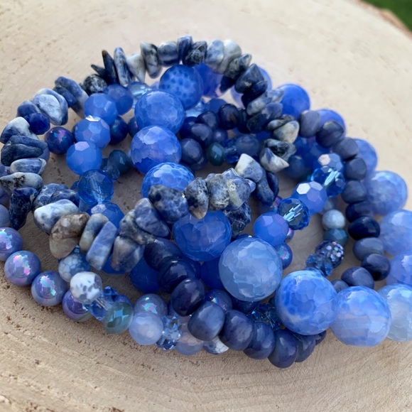 Natural Blue Agate & Kyanite Gemstone Mixed Smooth Round Bead Bracelet Stack - Picture 3 of 12